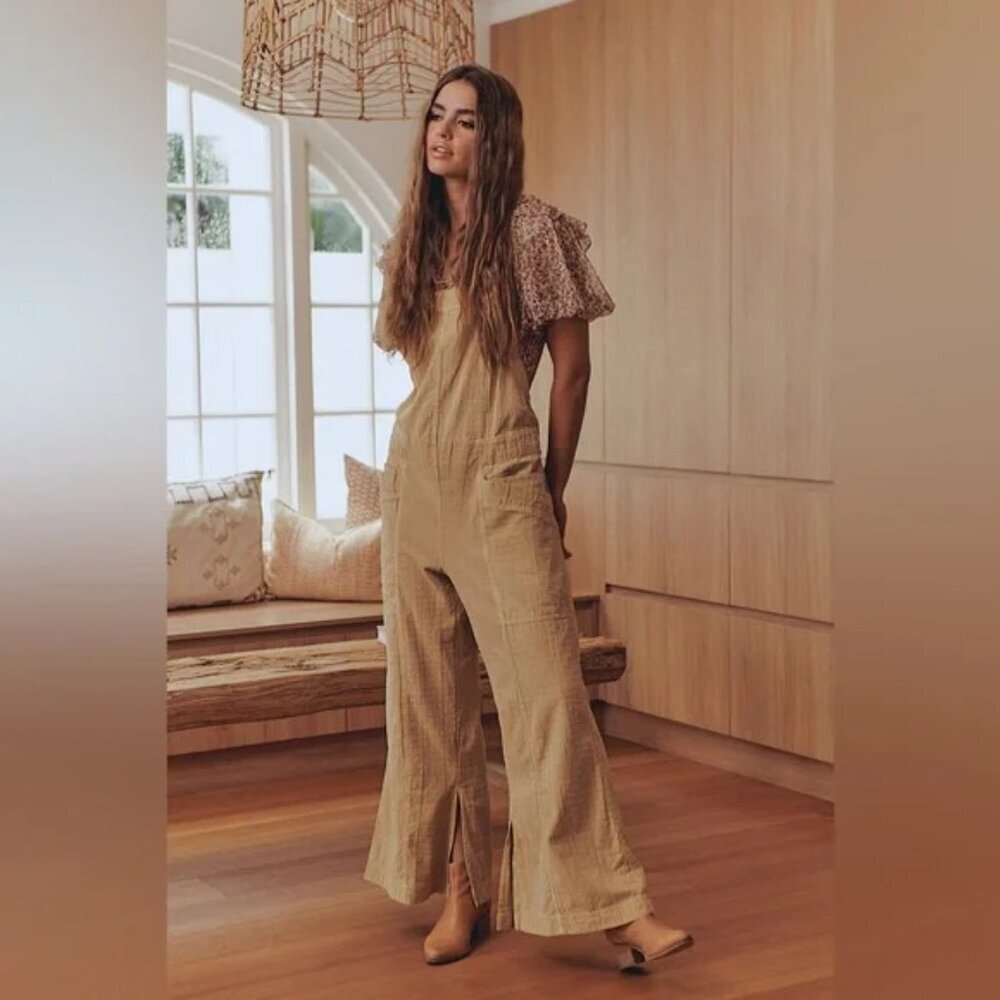 Free People Savannah Overalls Oversized Slit Hem Textured Gosling Beige Medium